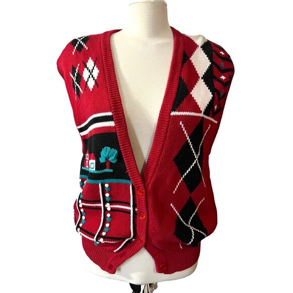 Koret Vintage Cottage Core Knit Sweater Vest Red Sz Large Womens Eighties Retro - Picture 4 of 7